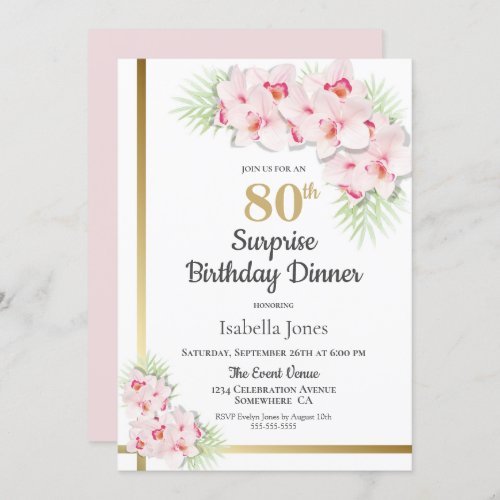 Pink and Gold Floral Surprise 80th Birthday Dinner Invitation