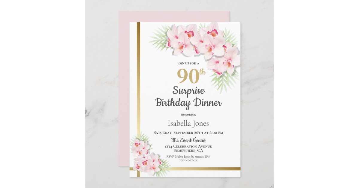 Pink and Gold Floral Surprise 90th Birthday Dinner Invitation | Zazzle