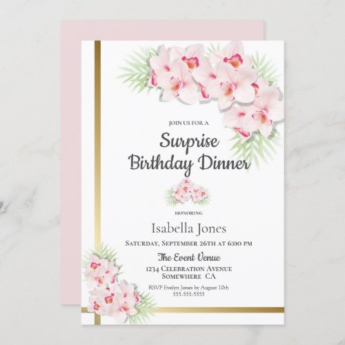 Pink and Gold Floral Surprise Birthday Dinner Invitation