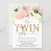 Pink and gold floral twin girls baby shower invitation (Front)