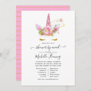Pink and Gold Floral Unicorn Baby Shower by Mail Invitation
