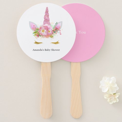 Pink and Gold Floral Unicorn Girl Baby Shower Hand Fan