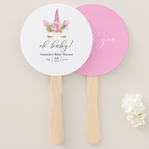 Pink and Gold Floral Unicorn Girl Baby Shower Hand Fan