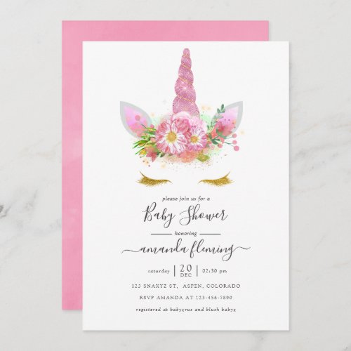 Pink and Gold Floral Unicorn Girl Baby Shower Invitation