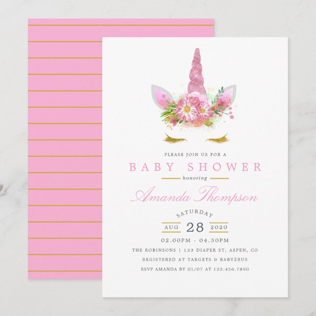 Pink and Gold Floral Unicorn Girl Baby Shower Invitation (Front/Back)