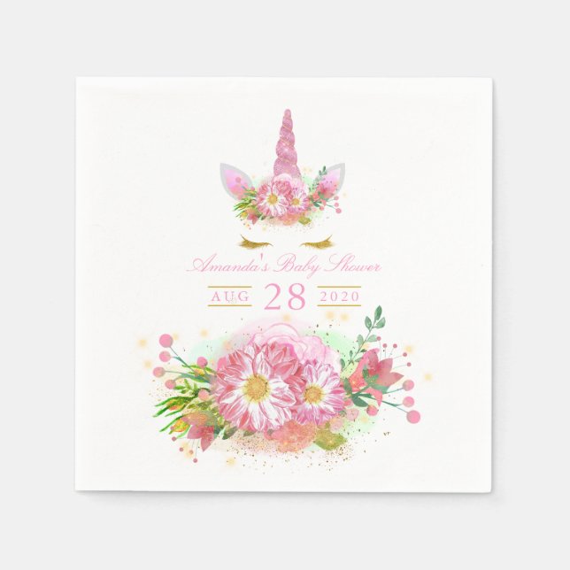 Pink and Gold Floral Unicorn Girl Baby Shower Napkins (Front)