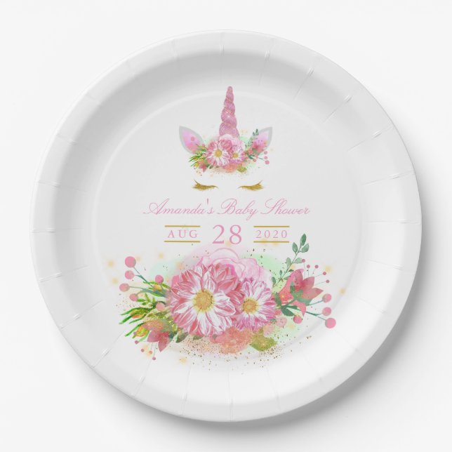 Pink and Gold Floral Unicorn Girl Baby Shower Paper Plates (Front)