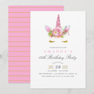 Pink and Gold Floral Unicorn Girl Birthday Party Invitation