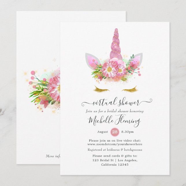 Pink and Gold Floral Unicorn Shower by Mail Invitation (Front/Back)
