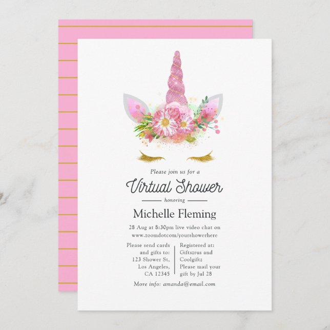 Pink and Gold Floral Unicorn Virtual Baby Shower Invitation (Front/Back)