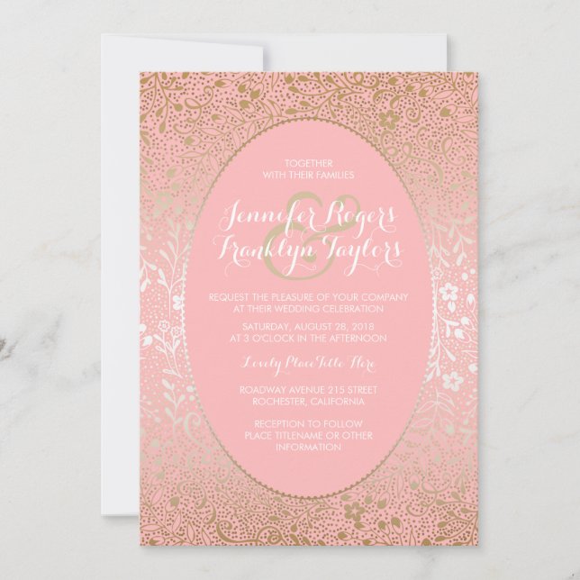 Pink and Gold Floral Vintage Wedding Invitations (Front)
