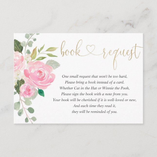 Pink and gold floral watercolor girl book request enclosure card (Front)