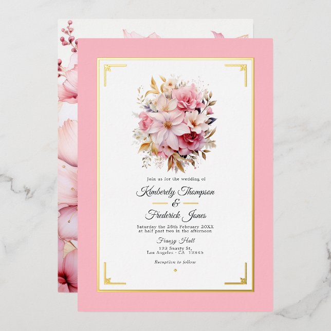 Pink and Gold Floral Wedding Foil Invitation (Front/Back)