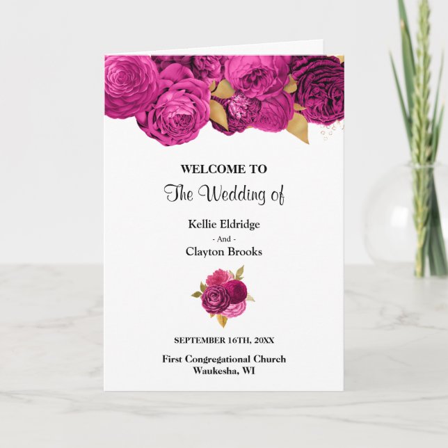 Pink And Gold Floral Wedding Folded Program (Front)