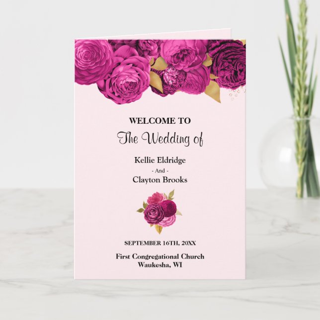 Pink And Gold Floral Wedding Folded Program (Front)