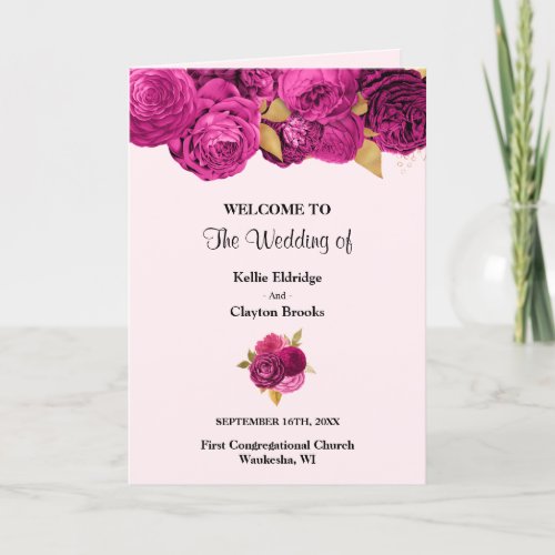 Pink And Gold Floral Wedding Folded Program