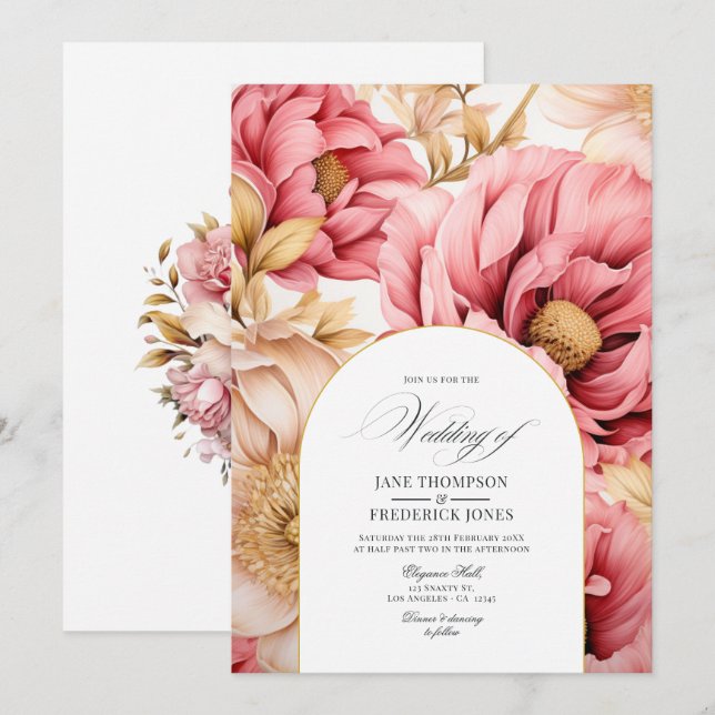 Pink and Gold Floral Wedding Invitation (Front/Back)