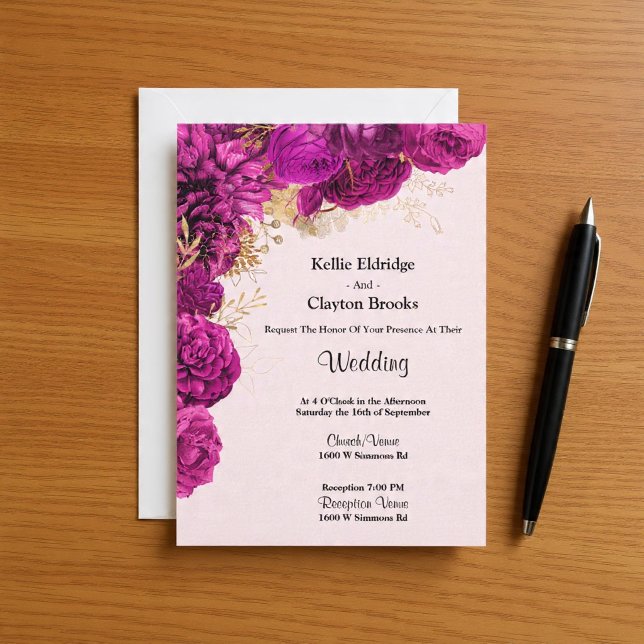 Pink And Gold Floral Wedding Invitation (Creator Uploaded)