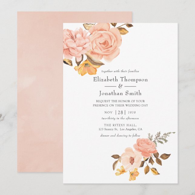 Pink and Gold Floral Wedding Invitation (Front/Back)