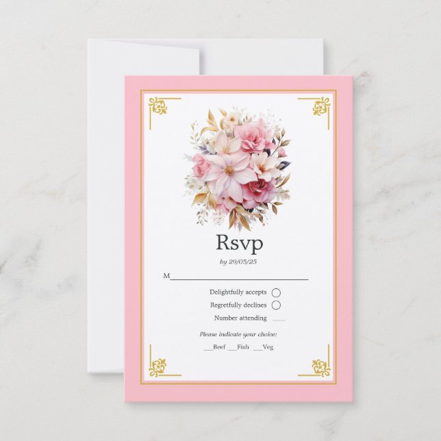 Pink and Gold Floral Wedding RSVP Card (Front)