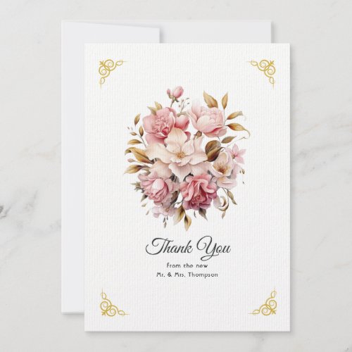 Pink and Gold Floral Wedding Thank You Card