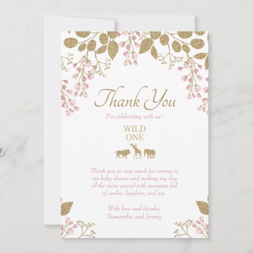 Pink and Gold Floral Wild One Safari Baby Shower Thank You Card