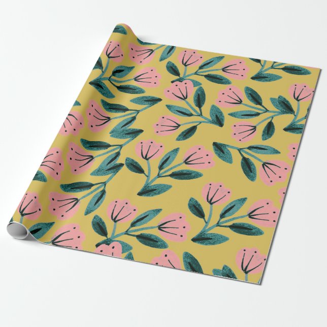 Pink and Gold Floral Wrapping Paper (Unrolled)