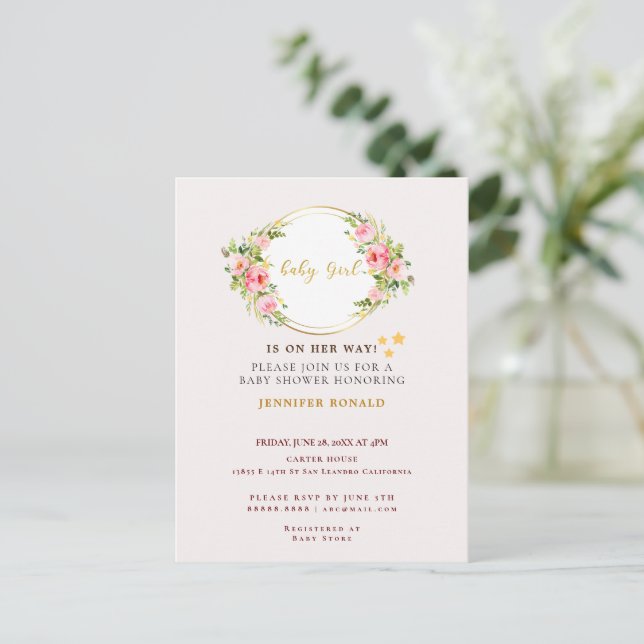 Pink and Gold flower Baby girl baby shower  Invitation Postcard (Standing Front)
