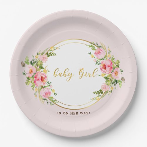 Pink and Gold flower Baby girl baby shower Paper Plates