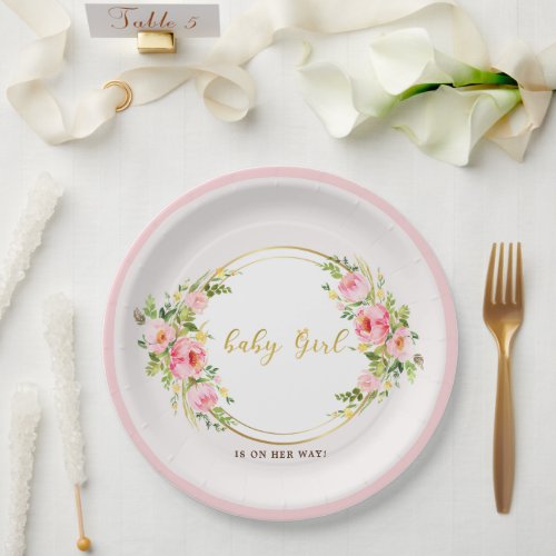 Pink and Gold flower Baby girl baby shower Paper Plates