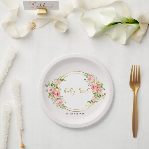 Pink and Gold flower Baby girl baby shower Paper Plates