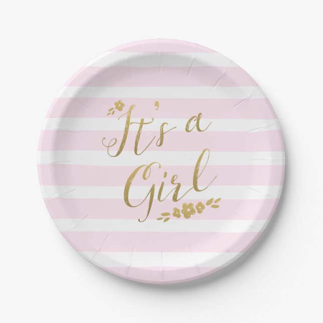 Pink and Gold Flower Stripes Baby Shower Paper Plates (Front)