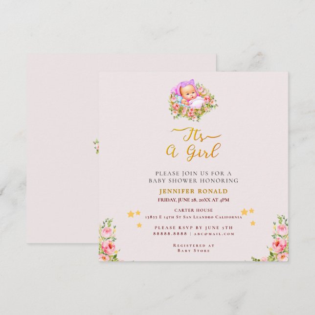 Pink and Gold Flower theme its a girl baby shower  Invitation (Front/Back)