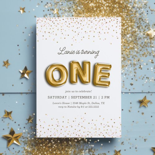Pink and Gold Foil Balloon Glitter 1st Birthday Invitation