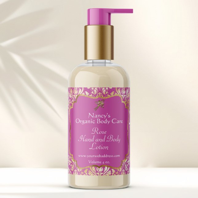 Pink and gold foil damask cosmetics bottle label (Creator Uploaded)