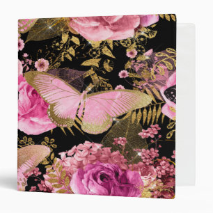 Pink and Gold Foil Floral Butterfly Pattern 3 Ring Binder