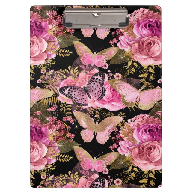 Pink and Gold Foil Floral Butterfly Pattern Clipboard (Front)
