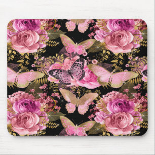Pink and Gold Foil Floral Butterfly Pattern Mouse Pad