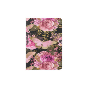 Pink and Gold Foil Floral Butterfly Pattern Passport Holder