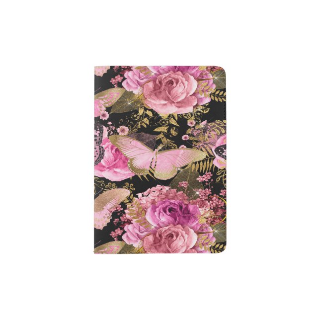 Pink and Gold Foil Floral Butterfly Pattern Passport Holder (Front)