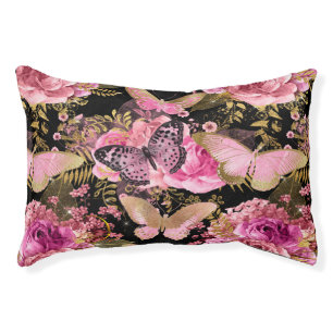 Pink and Gold Foil Floral Butterfly Pattern Pet Bed