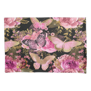 Pink and Gold Foil Floral Butterfly Pattern Pillow Case