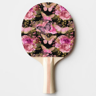 Pink and Gold Foil Floral Butterfly Pattern Ping Pong Paddle