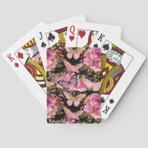 Pink and Gold Foil Floral Butterfly Pattern Poker Cards