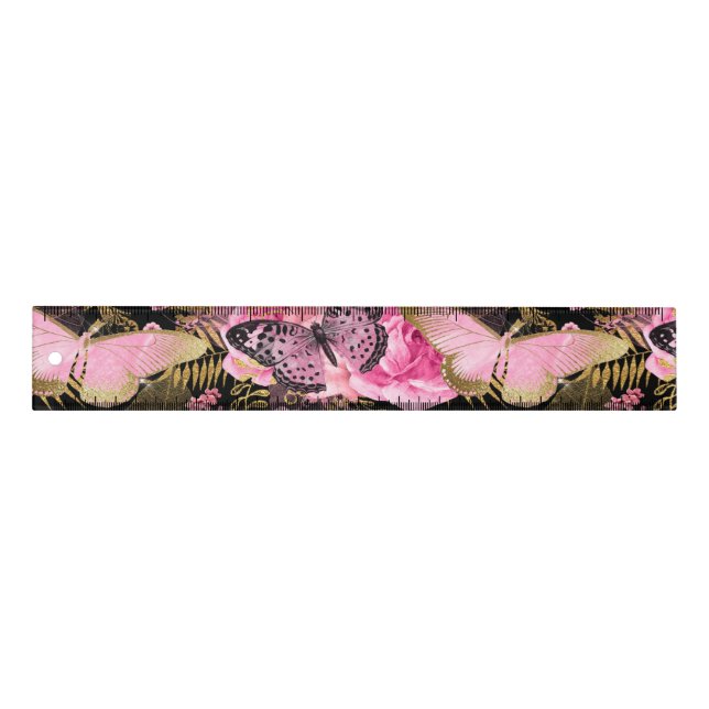 Pink and Gold Foil Floral Butterfly Pattern Ruler (Front)