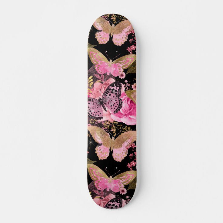 Pink and Gold Foil Floral Butterfly Pattern Skateboard | Zazzle