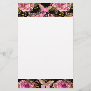 Pink and Gold Foil Floral Butterfly Pattern Stationery