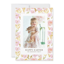 Pink and Gold Foil Flowers Photo Happy Easter Holiday Card