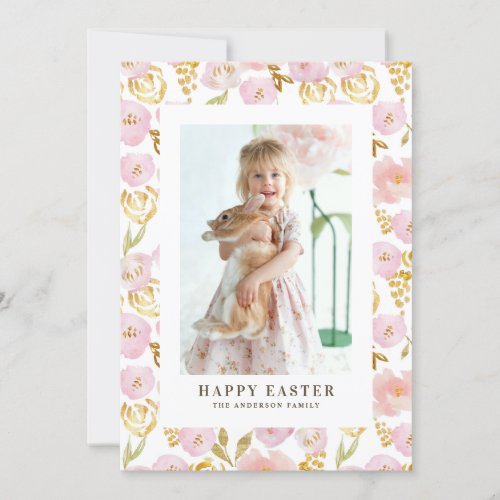 Pink and Gold Foil Flowers Photo Happy Easter Holiday Card