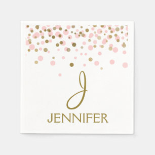 Pink and Gold Foil Girly Confetti Monogram Napkins